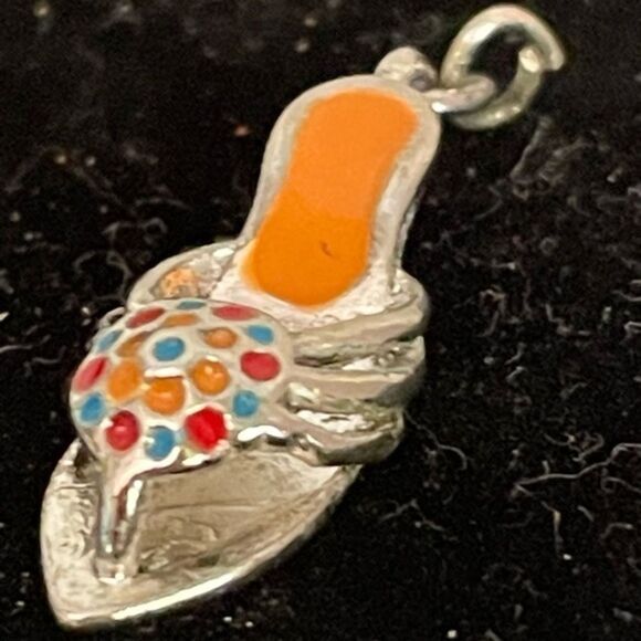 Vintage 1” silver tone orange enamel multi color strap heeled flip flop charm - Picture 1 of 6